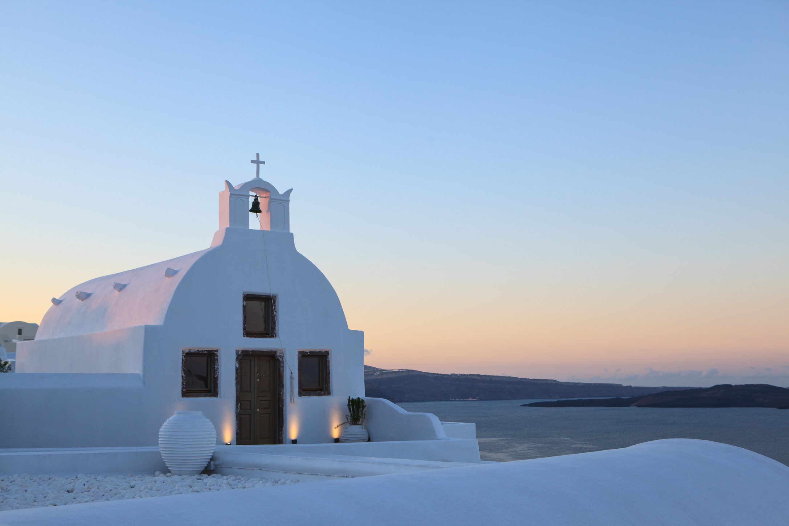 White small church on island.