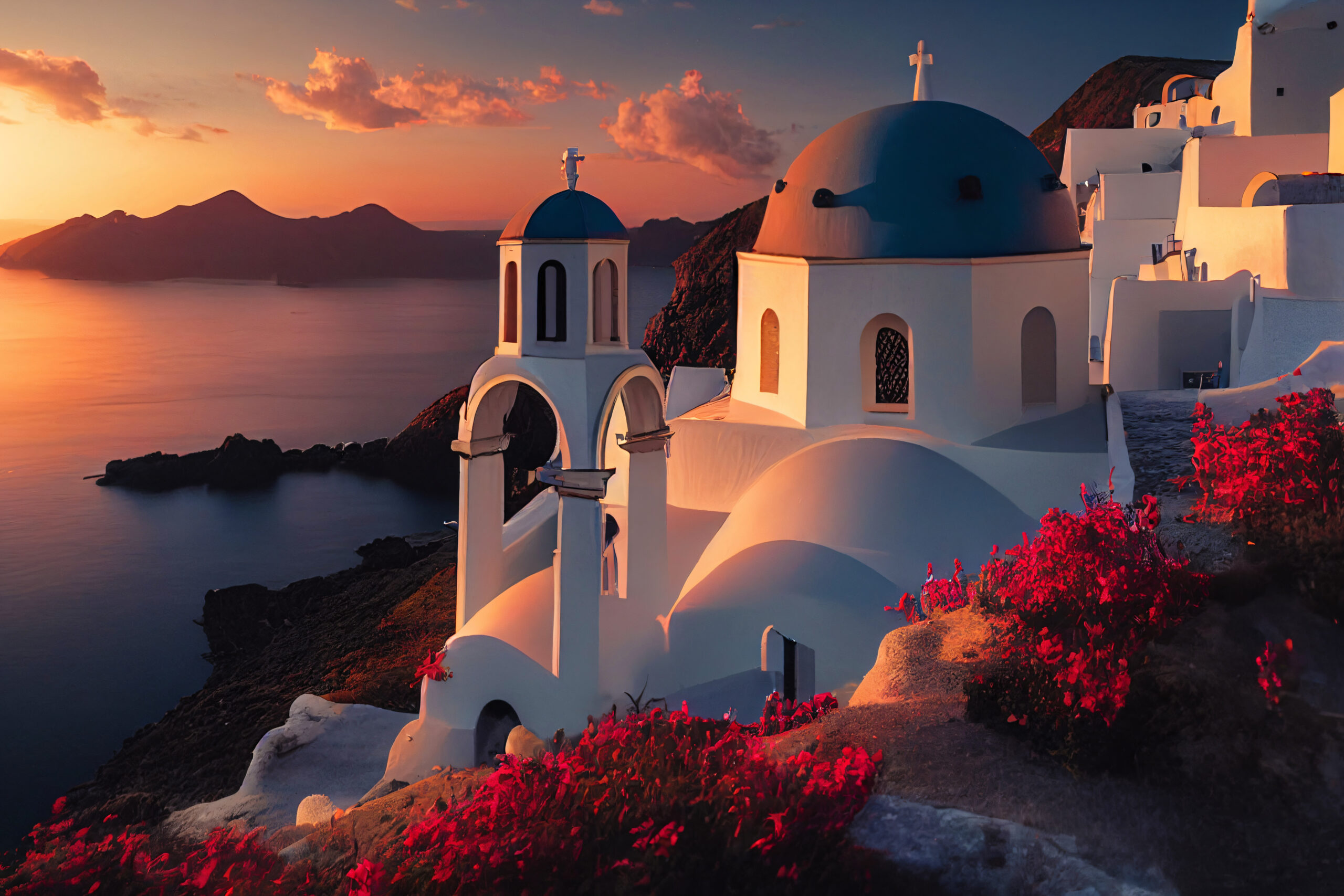 beautiful greek island in the evening with a ancient village